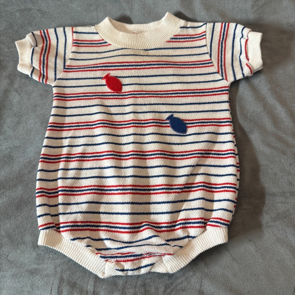 Health-tex Kids Romper 12M White Striped Fish Nautical Retro Aesthetic
